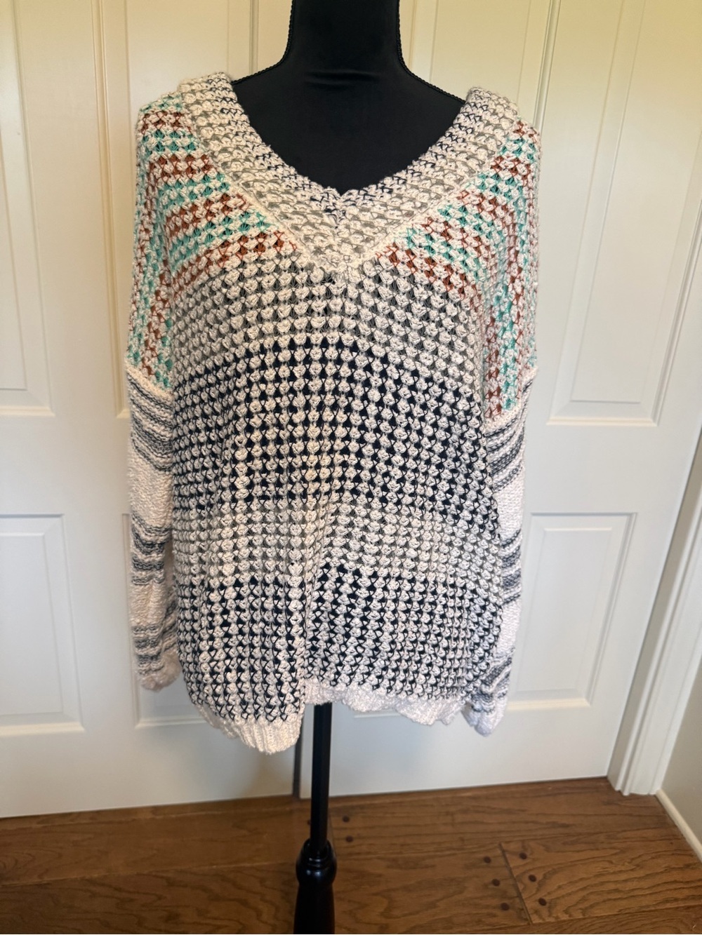 Relaxed V-Neck Striped Knit Sweater in Cream, Navy & Aqua